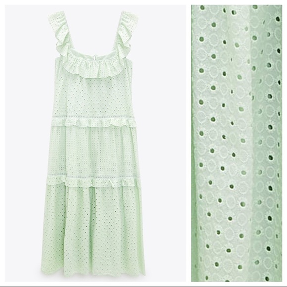 NWT. Zara Mint Green Open Work Embroidered Midi Dress. Size L. - Picture 4 of 8
